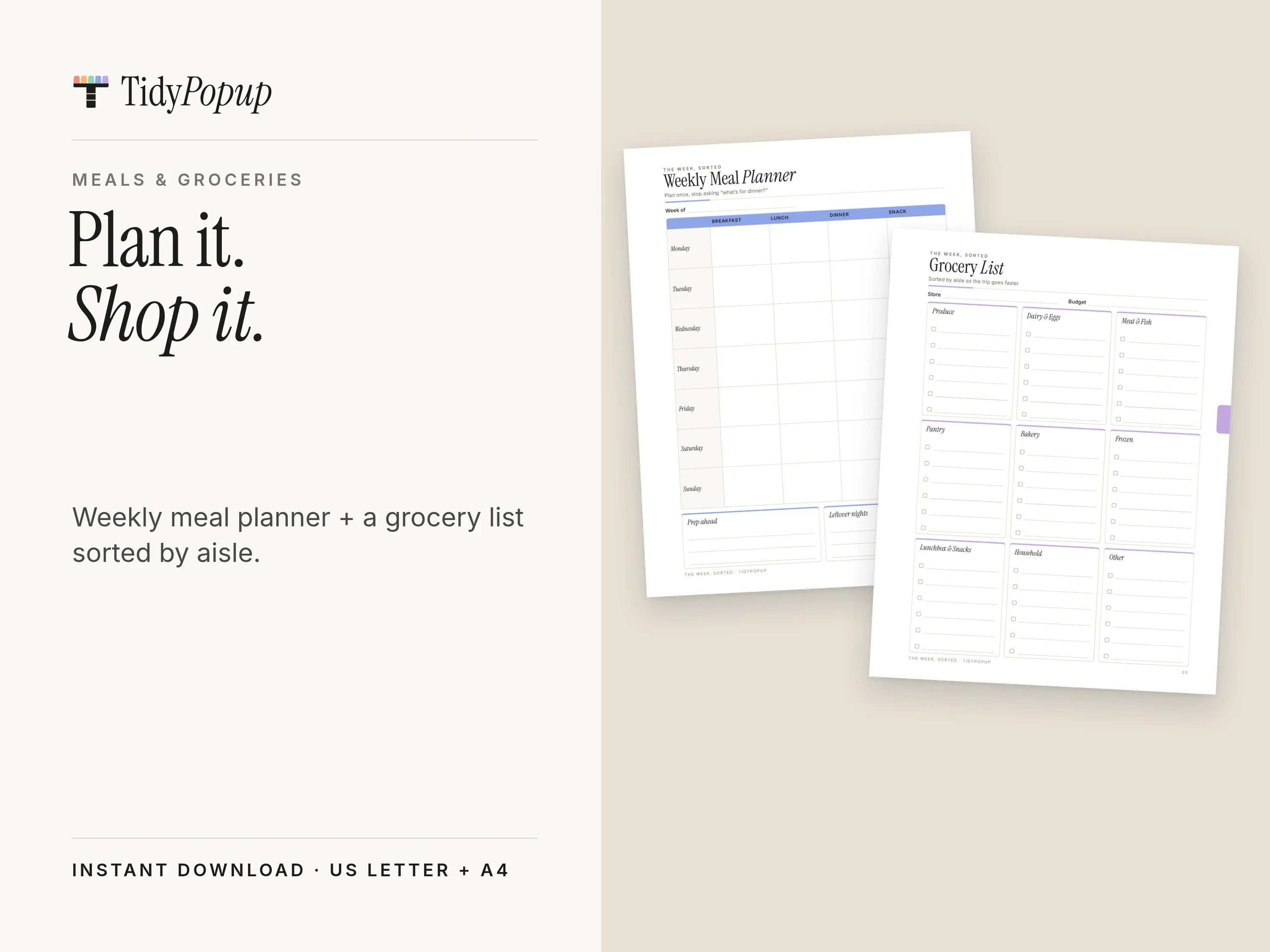 Weekly Meal Planner and Grocery List pages, captioned “Plan it. Shop it.”