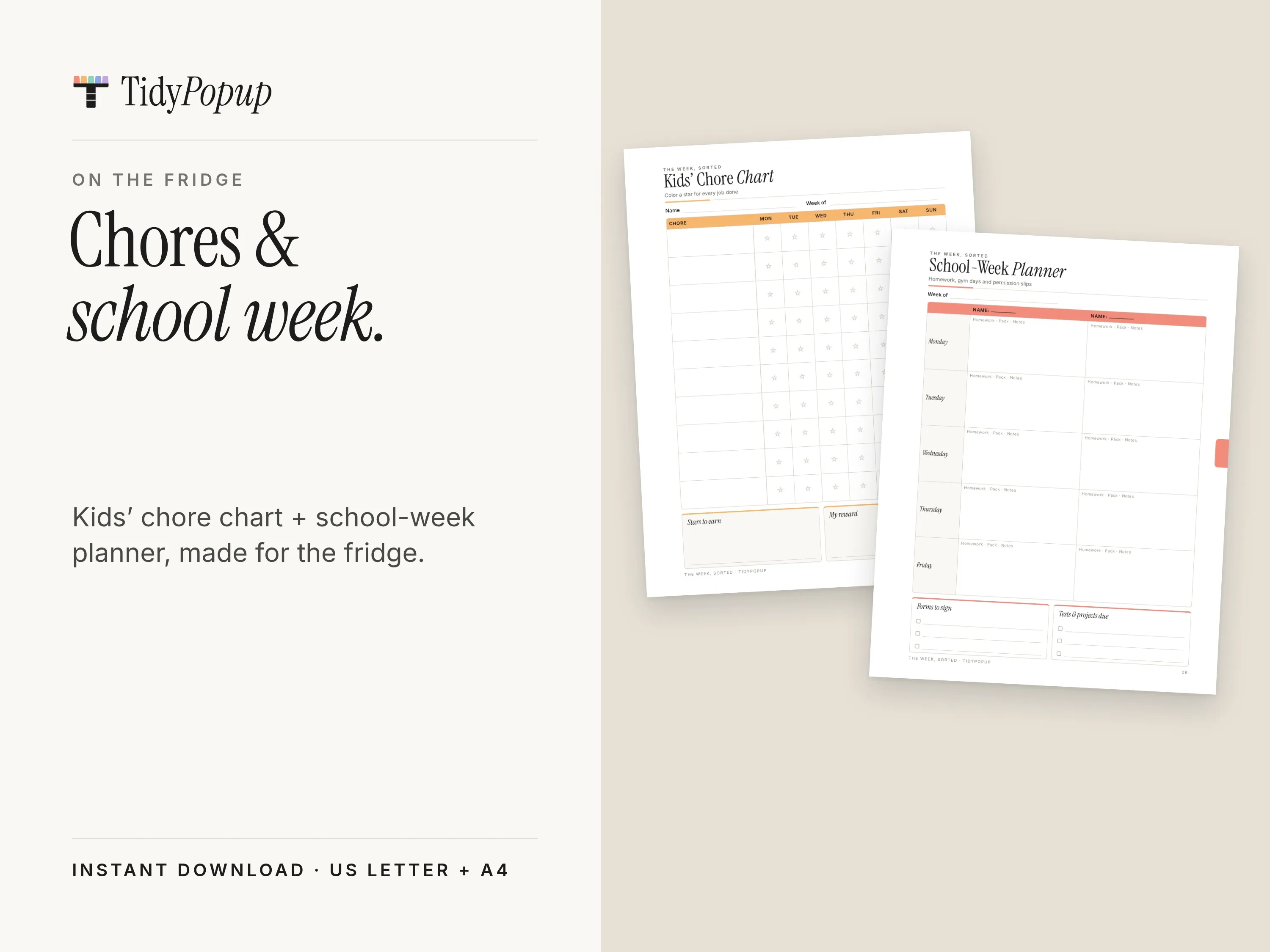 Kids’ Chore Chart and School-Week Planner pages, captioned “Chores & school week”