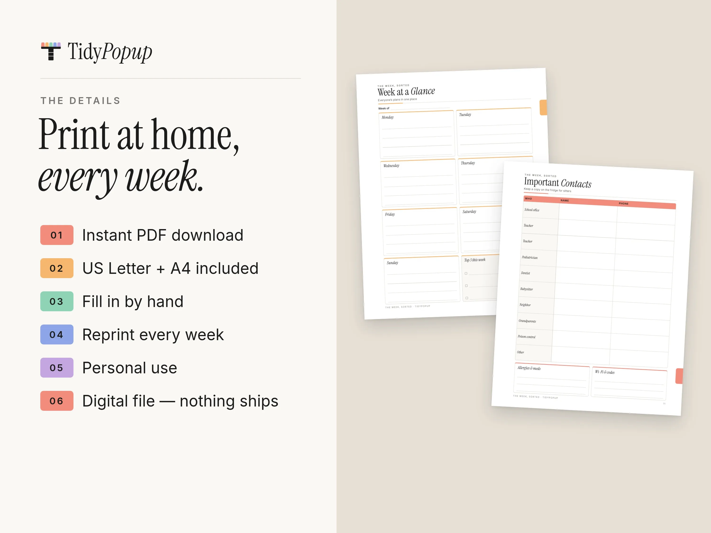 Week at a Glance and Important Contacts pages beside a list: instant PDF download, US Letter + A4 included, fill in by hand, reprint every week, personal use, digital file