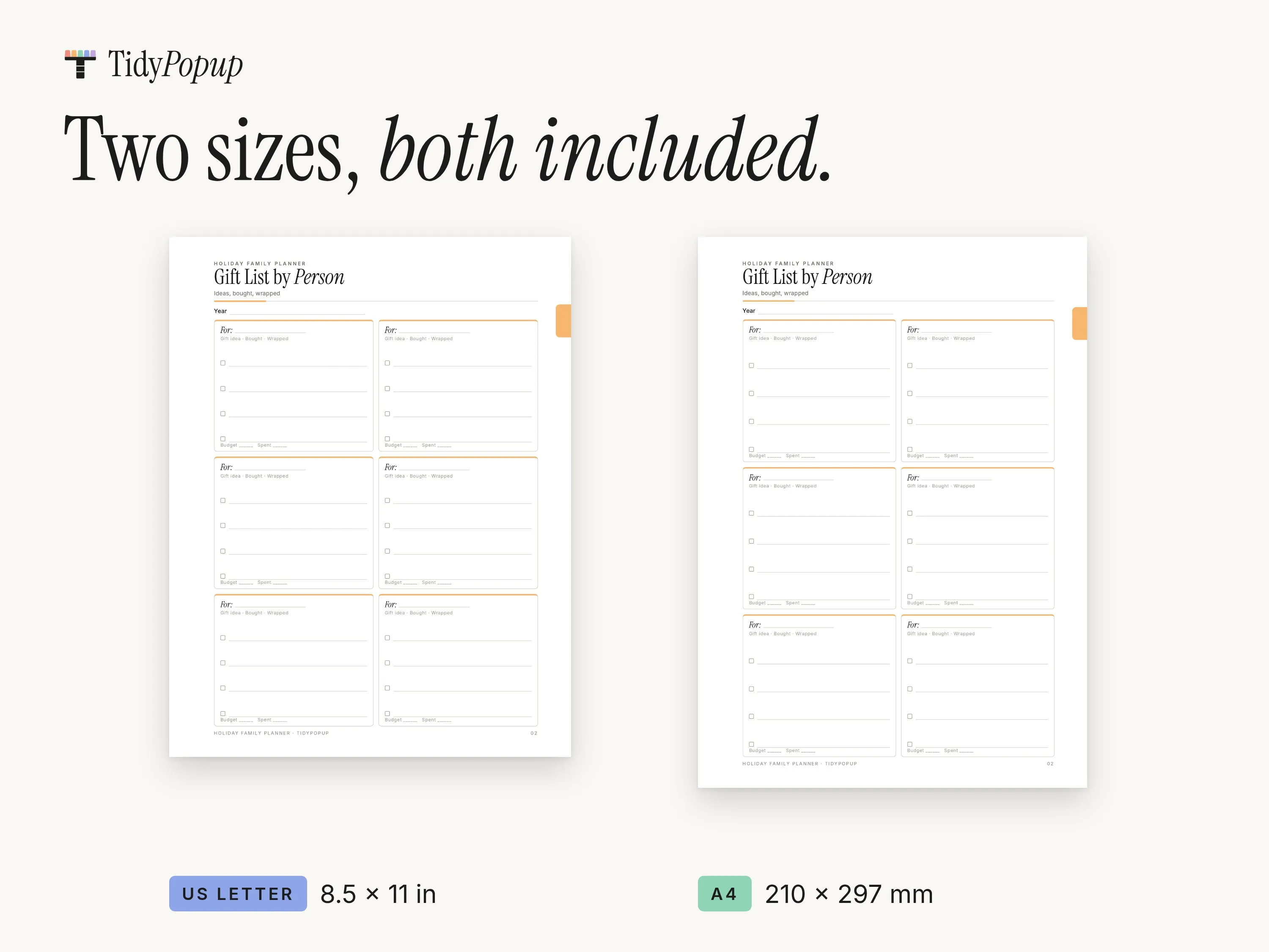 The Gift List by Person page shown in US Letter (8.5 × 11 in) and A4 (210 × 297 mm), side by side