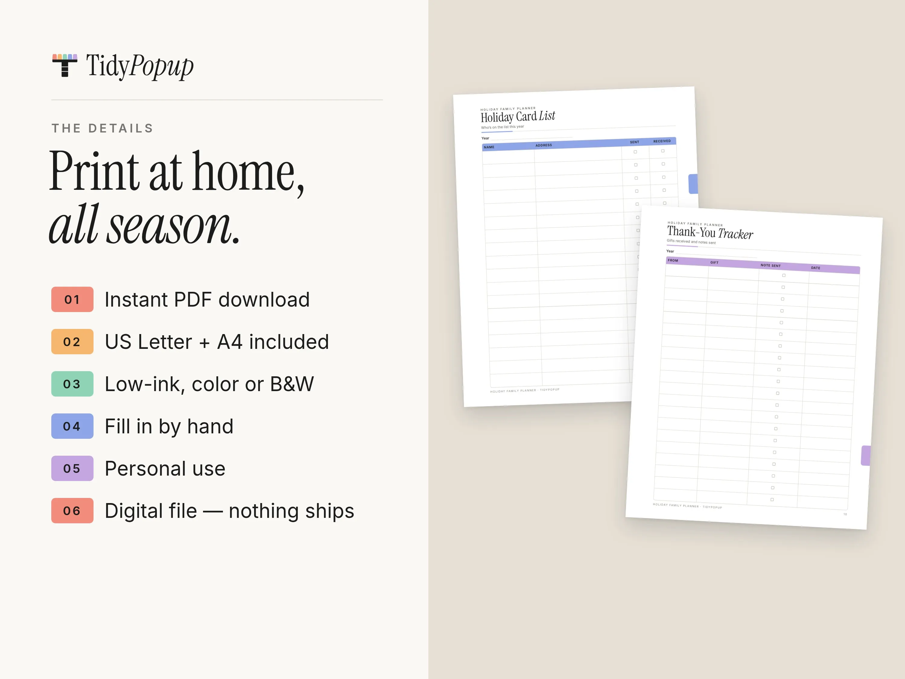 Holiday Card List and Thank-You Tracker pages beside a list: instant PDF download, US Letter + A4, low-ink for color or black & white, fill in by hand, personal use, digital file