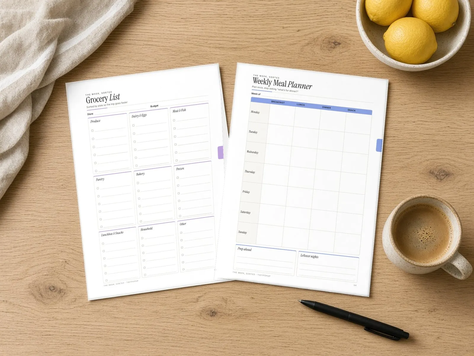 Illustrative styled scene: printed Grocery List and Weekly Meal Planner pages on a wood counter beside a coffee mug and pen