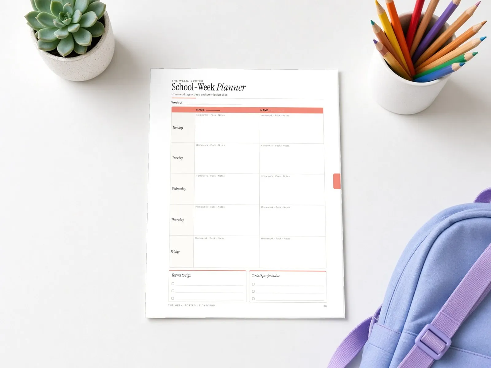 Illustrative styled scene: printed School-Week Planner page on a kids’ desk
