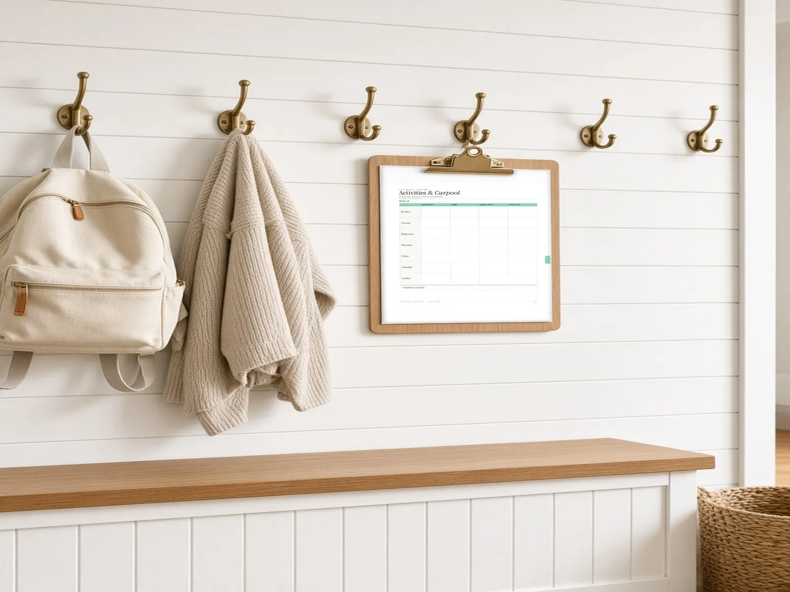 Illustrative styled scene: printed Activities & Carpool page on a clipboard hanging by mudroom hooks